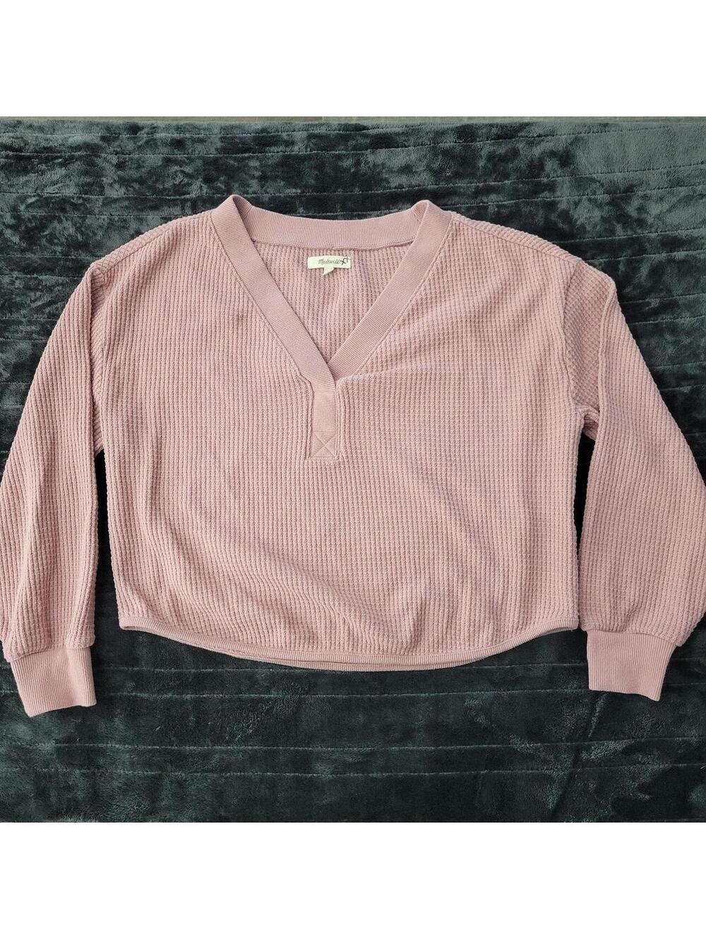 Madewell Medium Dusty Pink Waffle Knit V-Neck Long Sleeve Pullover